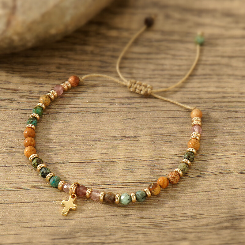 Vjerske narukvice od perli od prirodnog kamena s privjeskom za križ