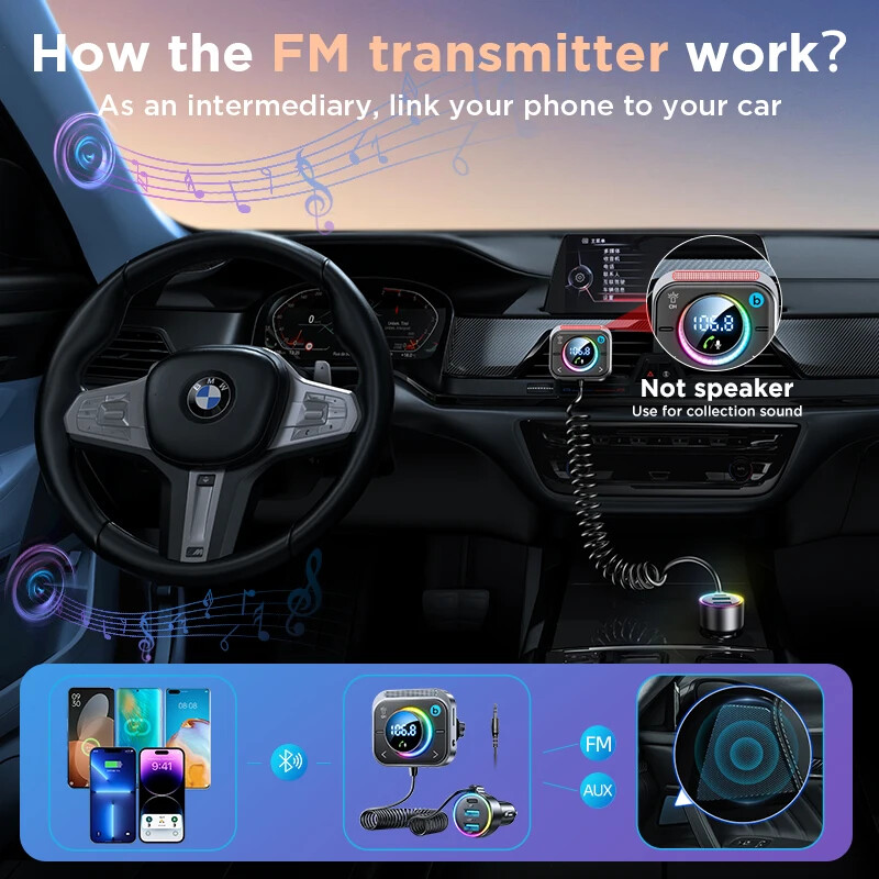 Joyroom Bluetooth 5.3 Transmițător FM/AUX Adaptor mașină Transmițător audio FM Bass Boost 3 porturi PD&QC 3.0 FM Bluetooth Încărcător rapid