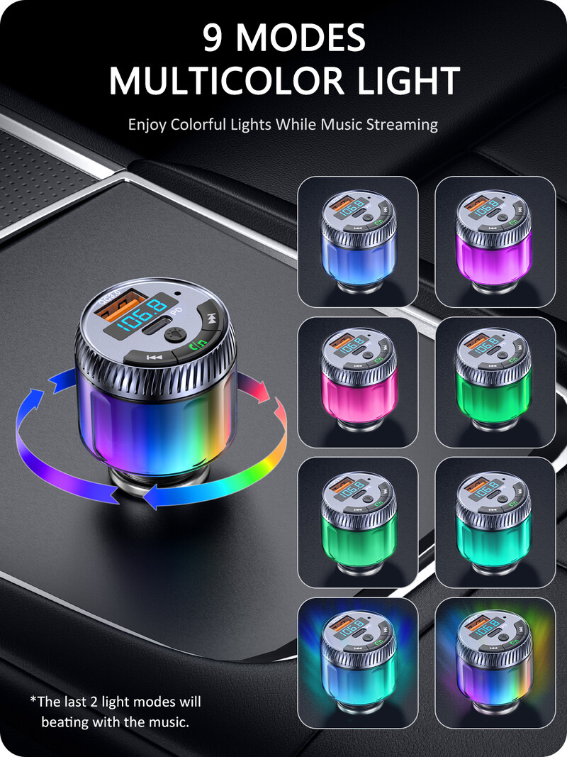 LENCENT Transmițător FM Bluetooth 5.3 Adaptor auto Bluetooth cu tip C PD 30W și QC3.0 Încărcător rapid USB Adaptor pentru muzică Hi-Fi