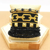 Bratara cu margele Geometrie Originalitate Cristal de Boemia Tricotat manual Tide ajustabil Set de bratari cu margele de orez Negru simplu