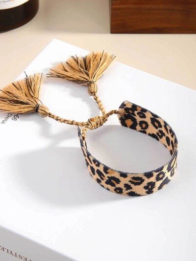 Brățară simplă cu imprimeu de leopard în stil boem, frânghie din material textil înnodat manual. Brățară vintage realizată manual