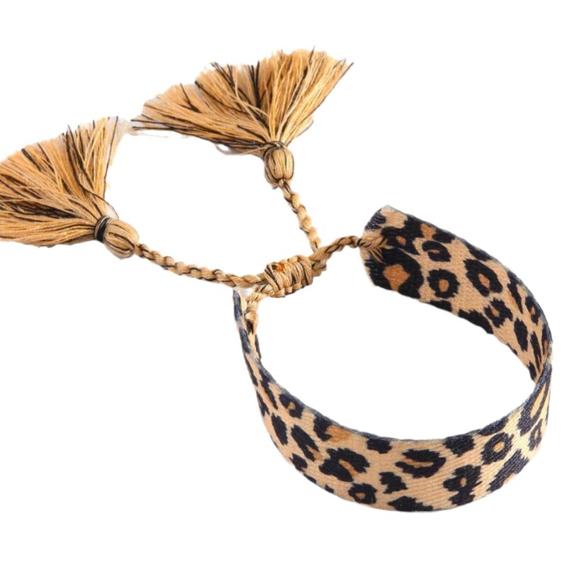 Brățară simplă cu imprimeu de leopard în stil boem, frânghie din material textil înnodat manual. Brățară vintage realizată manual