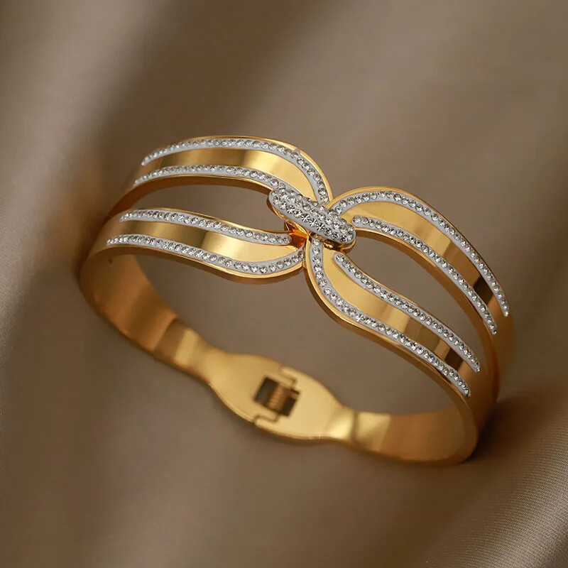 Метални кристалногеометрични отворени гривни от неръждаема стомана и гривни за жени Модна марка бижута Аксесоари за гривни