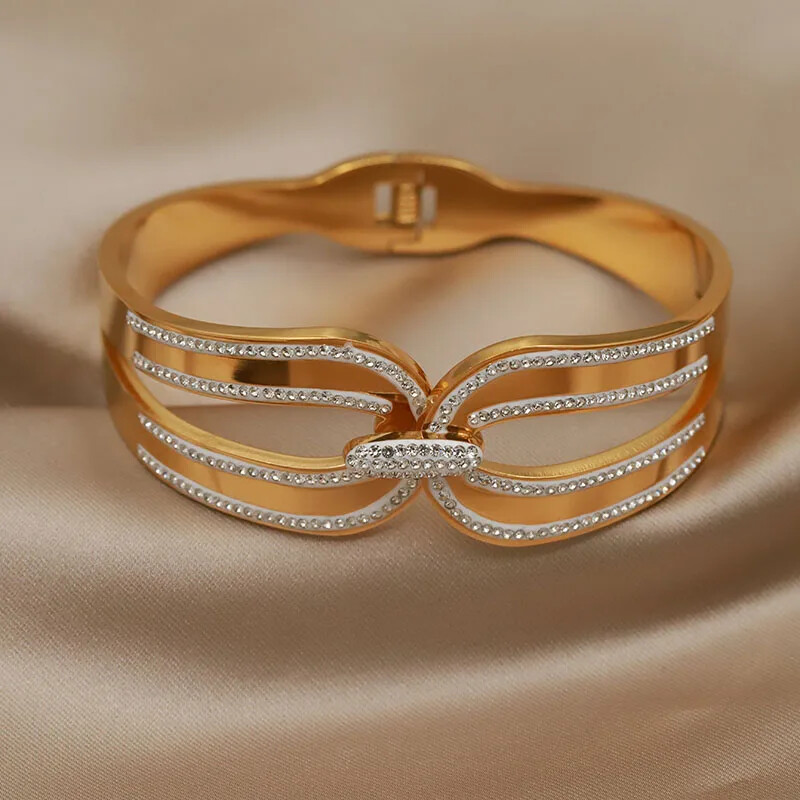 Метални кристалногеометрични отворени гривни от неръждаема стомана и гривни за жени Модна марка бижута Аксесоари за гривни