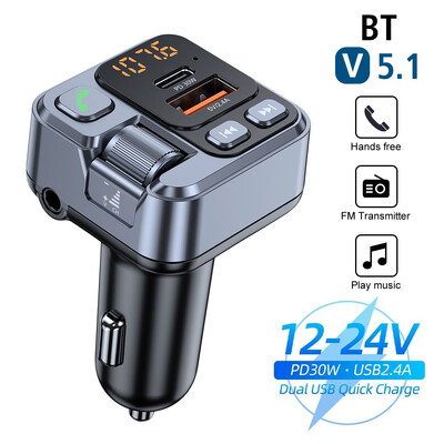 Auto Bluetooth vastuvõtja Auto MP3 stereo muusikapleier PD USB-C kiirlaadija Bluetooth 5.1 FM saatja 30W 3.5mm Aux Handsfree