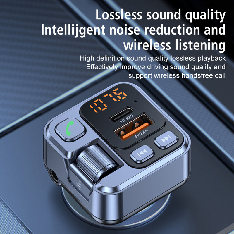 Automobilski Bluetooth prijemnik Automobilski MP3 Stereo svirač glazbe PD USB-C Brzi punjač Bluetooth 5.1 FM odašiljač 30W 3,5 mm Aux Handsfree