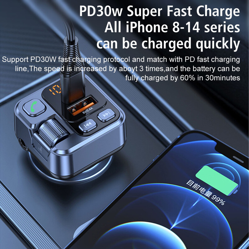 Automobilski Bluetooth prijemnik Automobilski MP3 Stereo svirač glazbe PD USB-C Brzi punjač Bluetooth 5.1 FM odašiljač 30W 3,5 mm Aux Handsfree
