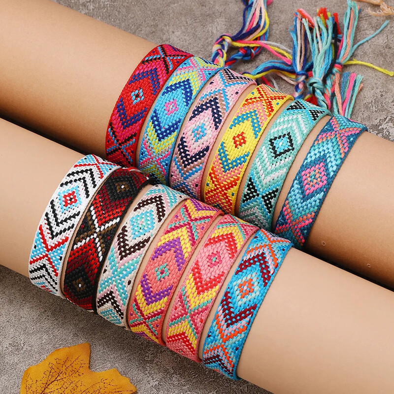 Brățară nepaleză cu franjuri, simplă, colorată, pentru femei, romboidă din in, țesută manual, bijuterii de modă, cadou de prietenie