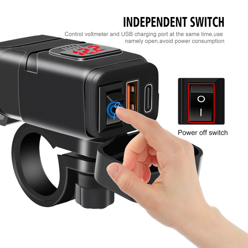 Motociklo USB greitas mobiliojo telefono įkroviklis, vandeniui atsparus 12v prievado lizdo jungtis su mobiliuoju mobiliuoju voltmetru, skirtas dviračių motociklui