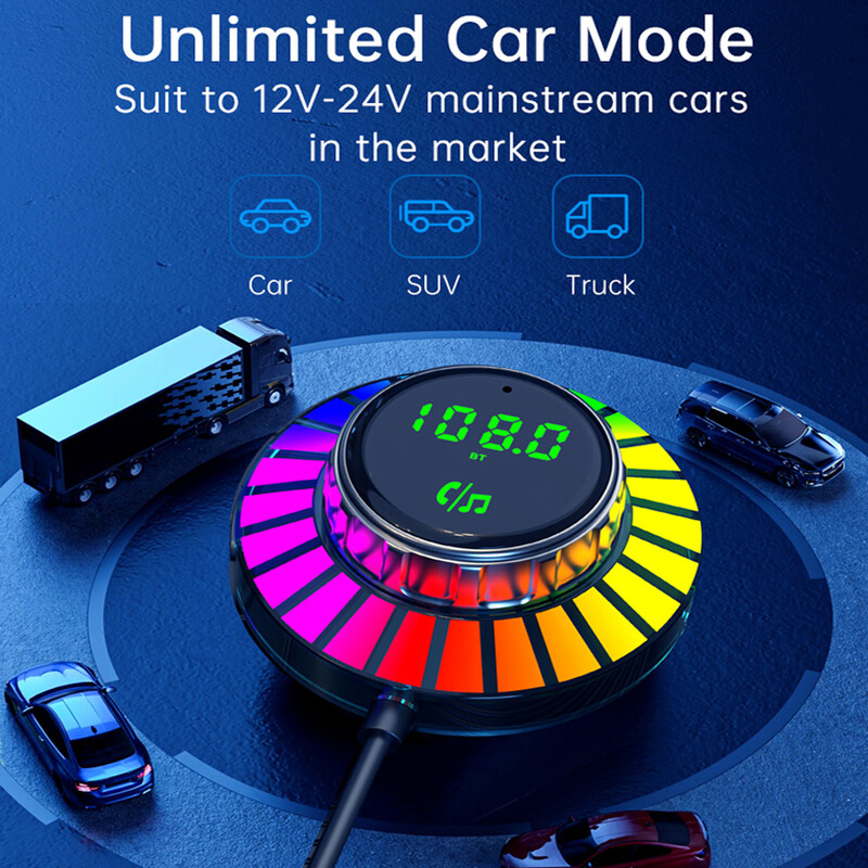 FM raidītājs Bluetooth 5.3 mūzikas balss vadība uztveršana apkārtējā gaisma auto MP3 automašīnas lādētājs ātra uzlāde 48W brīvroku zvans