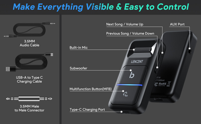 LENCENT Bluetoothi autoadapter, 3,5 mm AUX-iga Bluetooth-saatja autole, mürasummutav mikrofon, juhtmevaba autokomplekt