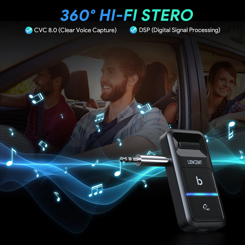 LENCENT Bluetoothi autoadapter, 3,5 mm AUX-iga Bluetooth-saatja autole, mürasummutav mikrofon, juhtmevaba autokomplekt