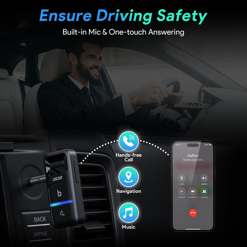 LENCENT Bluetoothi autoadapter, 3,5 mm AUX-iga Bluetooth-saatja autole, mürasummutav mikrofon, juhtmevaba autokomplekt