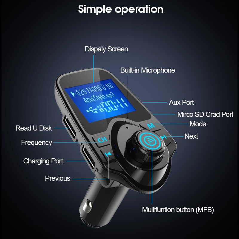 Auto MP3 Bluetooth-mängija FM-saatja TF-kaart U-ketas kadudeta muusika lisahelivastuvõtja Bluetooth-autokomplekt USB-autolaadija