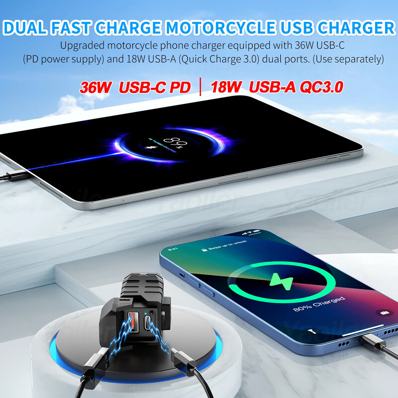 2025 m. Naujas 12v QC3.0 motociklo USB greitas įkroviklis, atsparus vandeniui su PD3.0 Type-C prievado lizdu su LED voltmetro skaitmeniniu telefono įkrovikliu