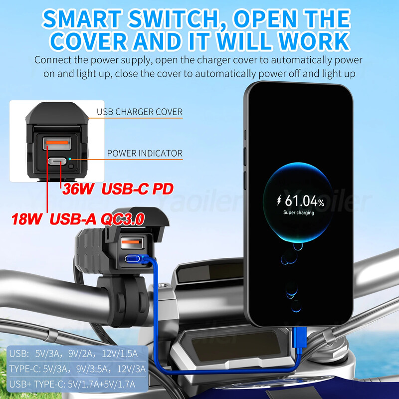 2025 m. Naujas 12v QC3.0 motociklo USB greitas įkroviklis, atsparus vandeniui su PD3.0 Type-C prievado lizdu su LED voltmetro skaitmeniniu telefono įkrovikliu