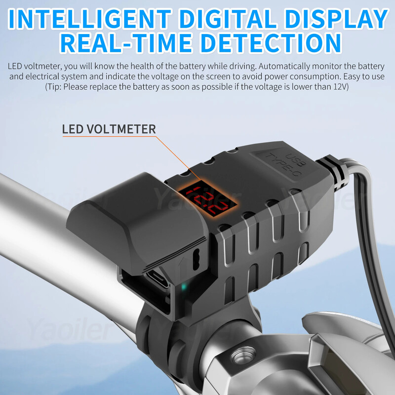 2025 m. Naujas 12v QC3.0 motociklo USB greitas įkroviklis, atsparus vandeniui su PD3.0 Type-C prievado lizdu su LED voltmetro skaitmeniniu telefono įkrovikliu
