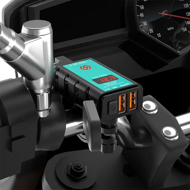 12 V USB motociklo įkroviklio vandeniui atsparus jungiklis su voltmetro greito įkrovimo adapteriu SAE prie C tipo USB lizdo motociklo priedai
