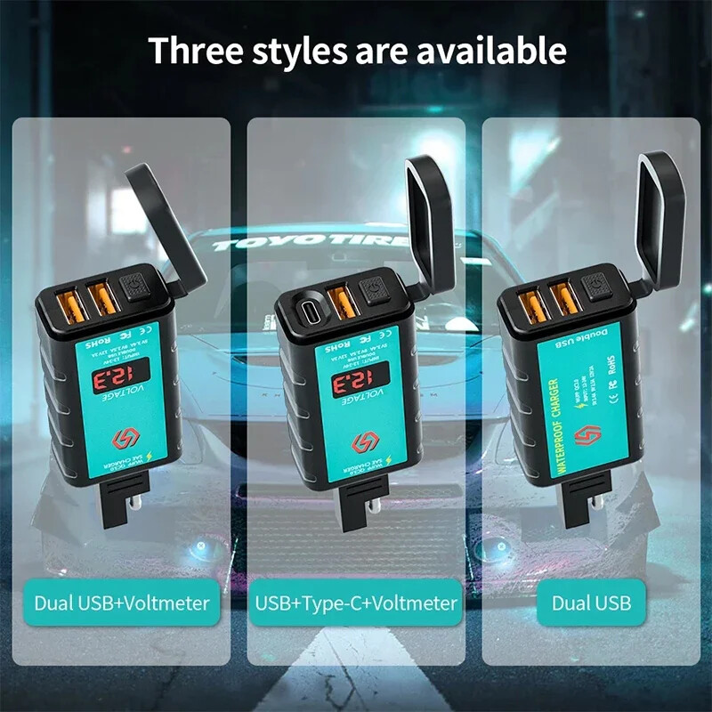 12 V USB motociklo įkroviklio vandeniui atsparus jungiklis su voltmetro greito įkrovimo adapteriu SAE prie C tipo USB lizdo motociklo priedai