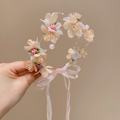 Лента за глава с корона от изкуствени цветя за момичета Сладък обръч за коса с цветя Парти шапки Сватбена лента за коса Детски аксесоари за коса