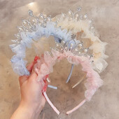 Slatka ljupka traka za glavu za djevojku Dodaci za kosu Ružičasto plava Kawaii čipkana traka za glavu Dječji blagdanski dar Princeza Dodaci za djevojčicu Kruna