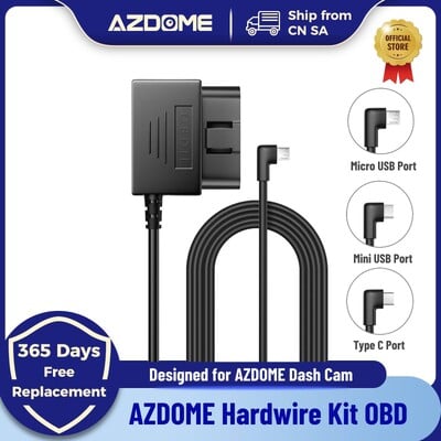 AZDOME juhtmekomplekt OBD jaoks AZDOME M550 M300S armatuurkaamera parkimiskaabel Mikro-USB-port/Mini-USB-port/C-tüüpi port 24h parkimismonito