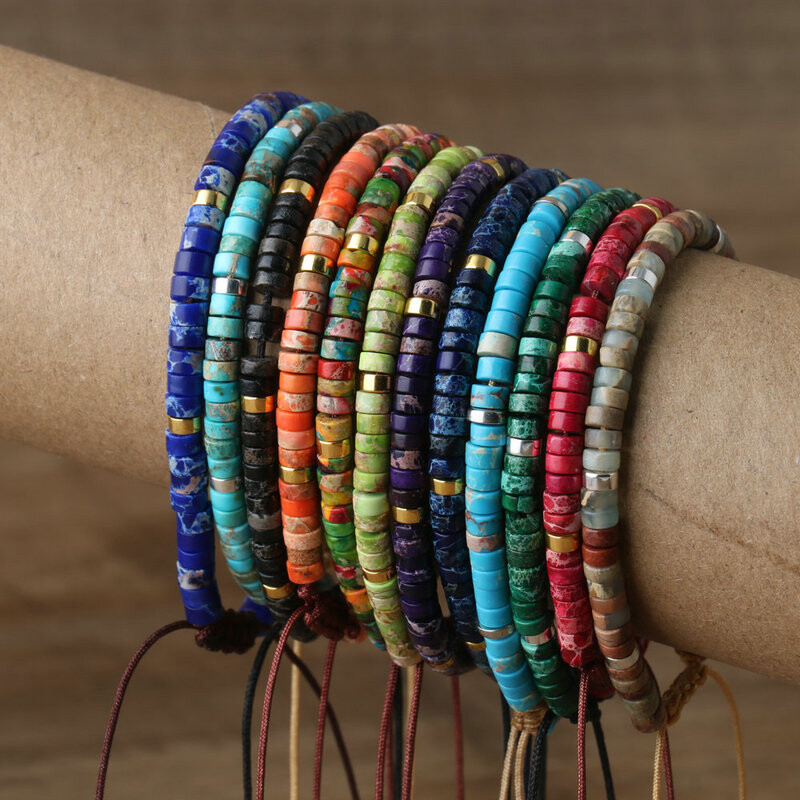 1PC Естествено сини мъниста от императорски камък, тъкана гривна, полирана блокова форма, регулируемо въже, дамска подаръчна гривна, гривна с мъниста