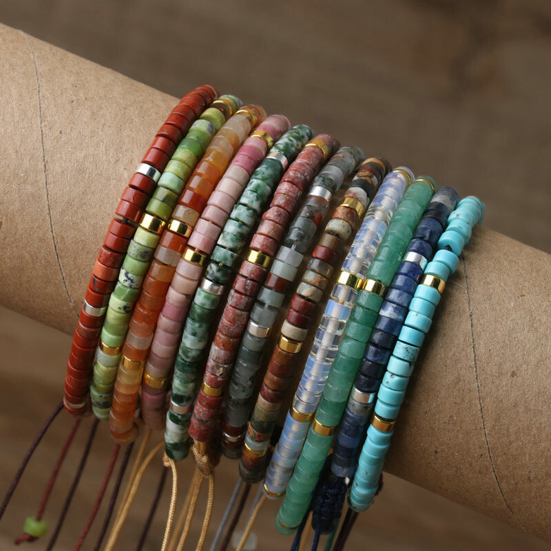 1PC Естествено сини мъниста от императорски камък, тъкана гривна, полирана блокова форма, регулируемо въже, дамска подаръчна гривна, гривна с мъниста