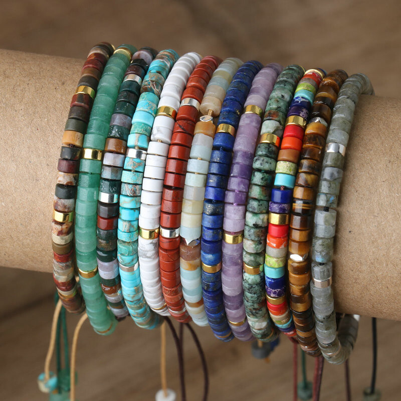 1PC Естествено сини мъниста от императорски камък, тъкана гривна, полирана блокова форма, регулируемо въже, дамска подаръчна гривна, гривна с мъниста