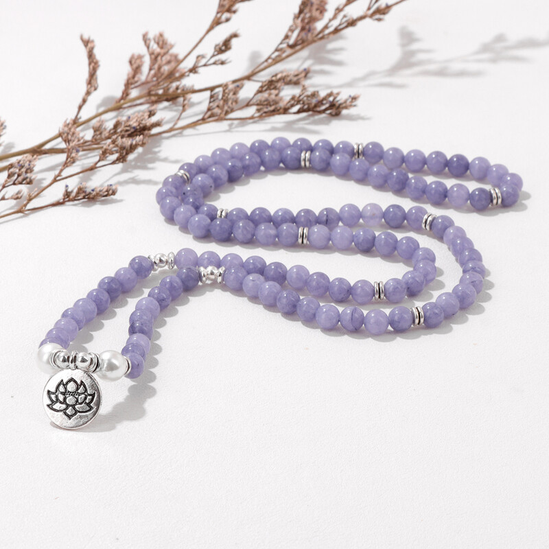 8 мм цветен естествен камък Ангелит мъниста гривна за жени Buhhha лотос висулка колие гривни йога молитва бижута