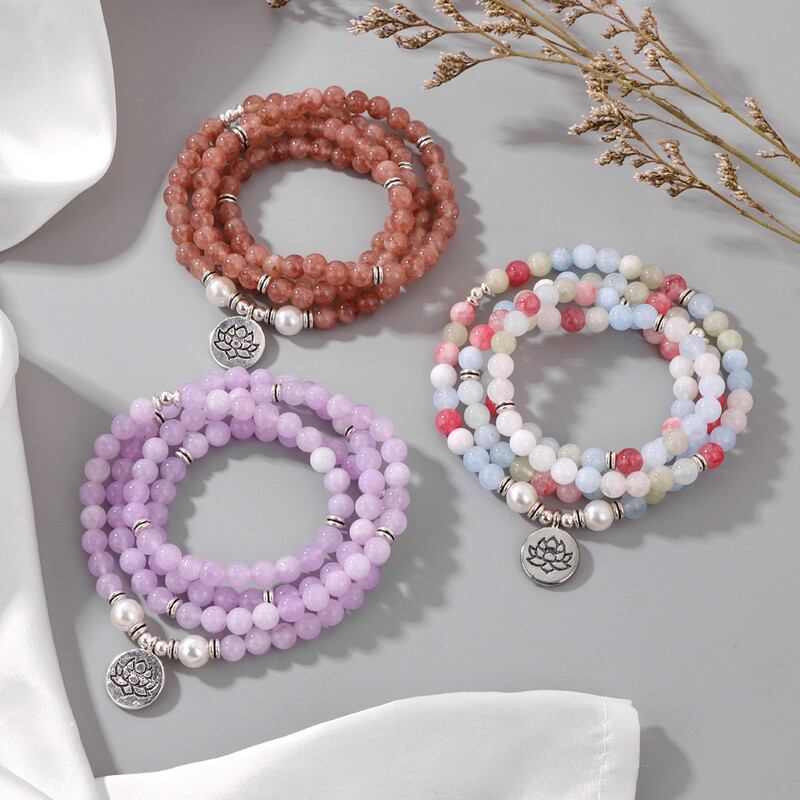 8 мм цветен естествен камък Ангелит мъниста гривна за жени Buhhha лотос висулка колие гривни йога молитва бижута