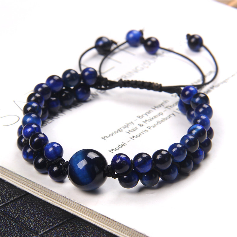 Brățară pentru bărbați Brățară împletită din piatră naturală, realizată manual, cu două straturi, ochi de tigru, cu mărgele, pentru femei, bărbați, bijuterii yoga