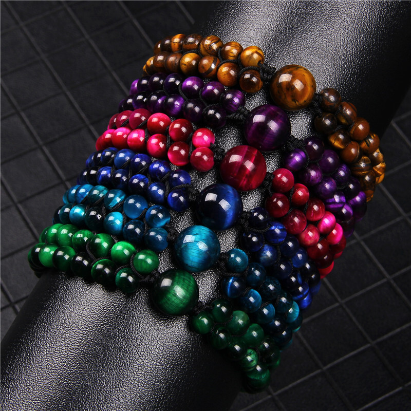 Brățară pentru bărbați Brățară împletită din piatră naturală, realizată manual, cu două straturi, ochi de tigru, cu mărgele, pentru femei, bărbați, bijuterii yoga