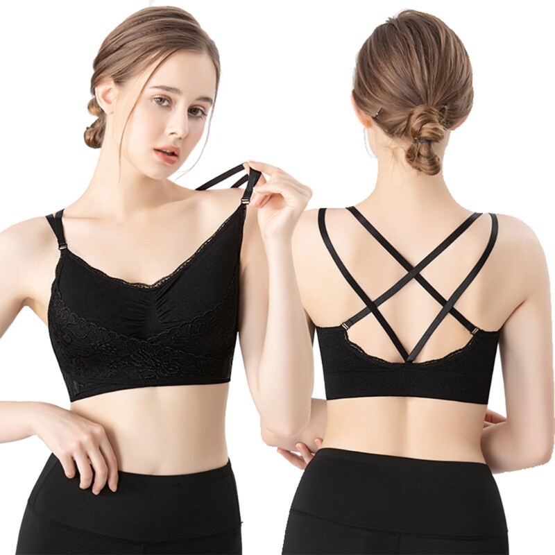 2024 Sutien sport noi pentru femei Sutiene Criss în față cu cataramă laterală Sutien sport din dantelă Sutien fără fir Push Up fără cusături cu detașabil
