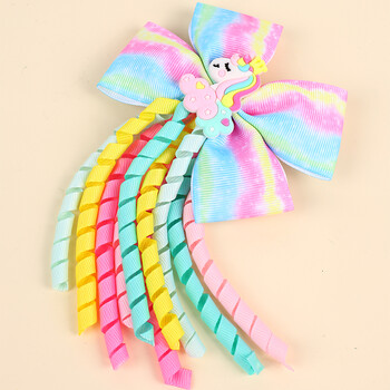 ncmama Rainbow Unicorn Curly Ribbon Bow Щипки за коса за момичета Сладък пискюл Фиби Момиче Поставка за опашка Бутикови аксесоари за коса