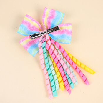 ncmama Rainbow Unicorn Curly Ribbon Bow Щипки за коса за момичета Сладък пискюл Фиби Момиче Поставка за опашка Бутикови аксесоари за коса