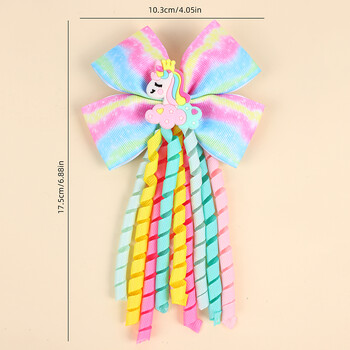 ncmama Rainbow Unicorn Curly Ribbon Bow Щипки за коса за момичета Сладък пискюл Фиби Момиче Поставка за опашка Бутикови аксесоари за коса