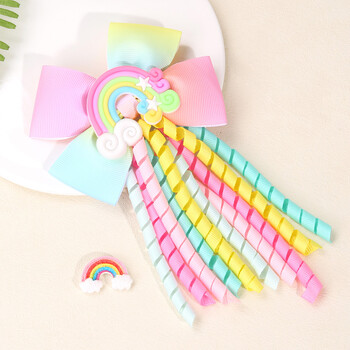 ncmama Rainbow Unicorn Curly Ribbon Bow Щипки за коса за момичета Сладък пискюл Фиби Момиче Поставка за опашка Бутикови аксесоари за коса