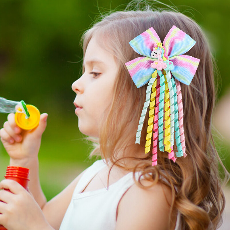 ncmama Curcubeu Unicorn Curly Ribbon Fundă Agrafe de păr pentru fete Drăguț cu ciucuri Agraf pentru fete Suport pentru coadă de cal Boutique Accesorii pentru păr