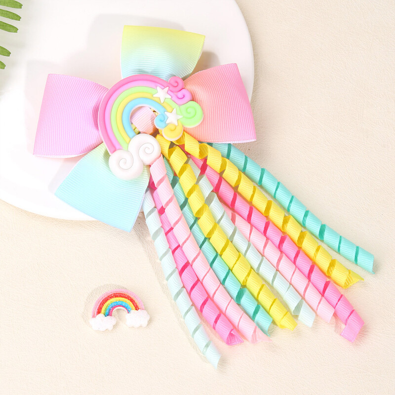 ncmama Curcubeu Unicorn Curly Ribbon Fundă Agrafe de păr pentru fete Drăguț cu ciucuri Agraf pentru fete Suport pentru coadă de cal Boutique Accesorii pentru păr