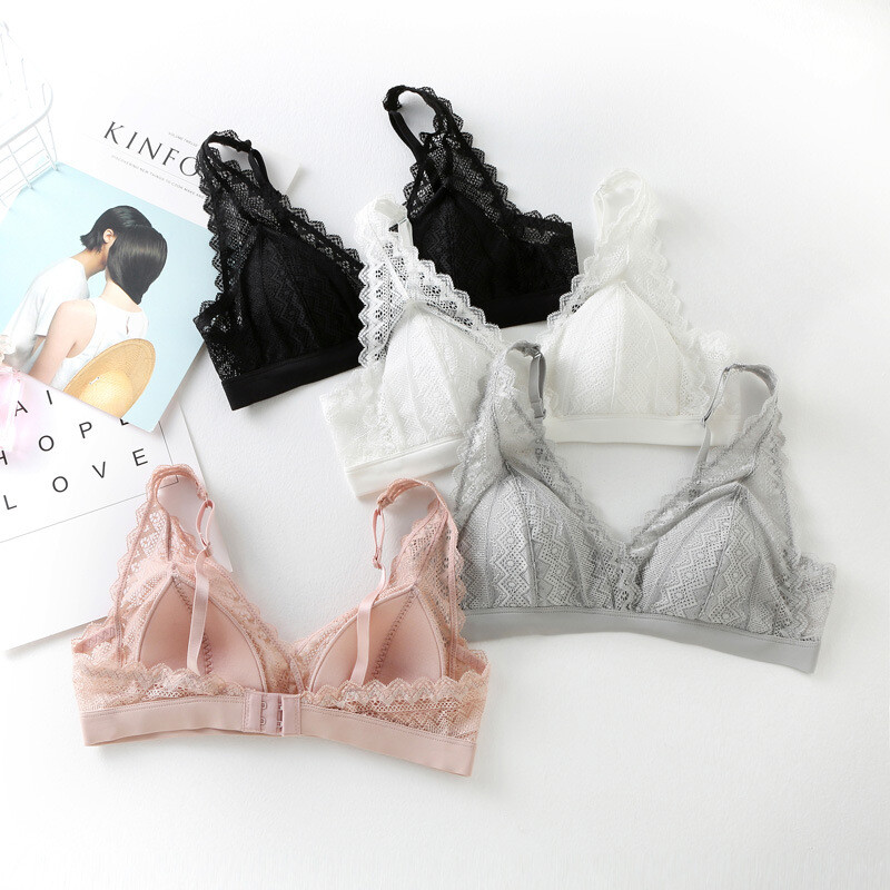 Дамски дантелен сутиен, подплата от 100% истинска коприна, триъгълна чашка, удобно дамско бельо, нов сутиен 2024 г., розов, бял