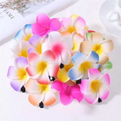 FRCOLOR 24 bucăți 2,4 inci cleme de păr cu flori hawaiene de plumeria accesorii de păr pentru petrecere pe plajă, nuntă, eveniment, decorare (12 culori)