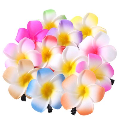 FRCOLOR 24 bucăți 2,4 inci cleme de păr cu flori hawaiene de plumeria accesorii de păr pentru petrecere pe plajă, nuntă, eveniment, decorare (12 culori)