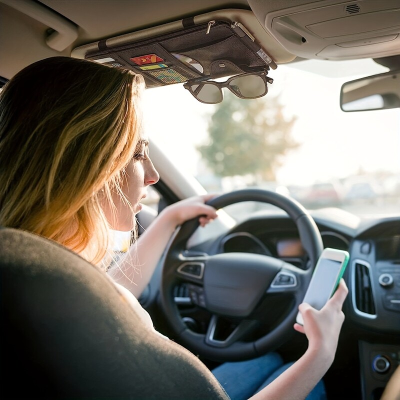 Organizator premium din piele PU pentru parasolar pentru mașină cu depozitare cu mai multe buzunare Ideal pentru carduri pentru ochelari de soare, pixuri și obiecte esențiale de călătorie