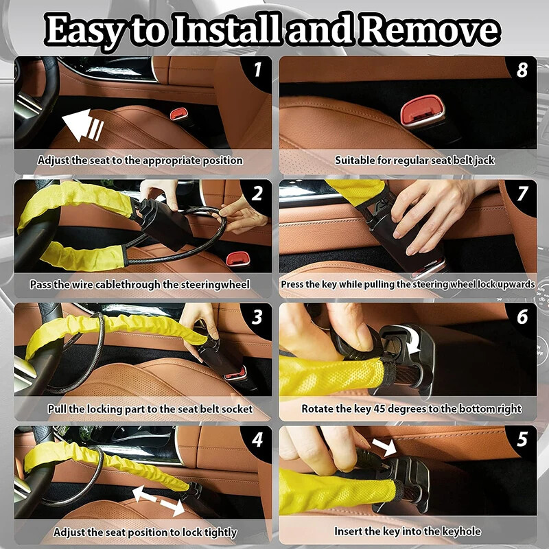 Universalus automobilio vairo užraktas su saugos diržų sagtimis Tvirtas užraktas, apsaugantis nuo vagystės, užraktas sunkvežimių visureigiams mikroautobusams