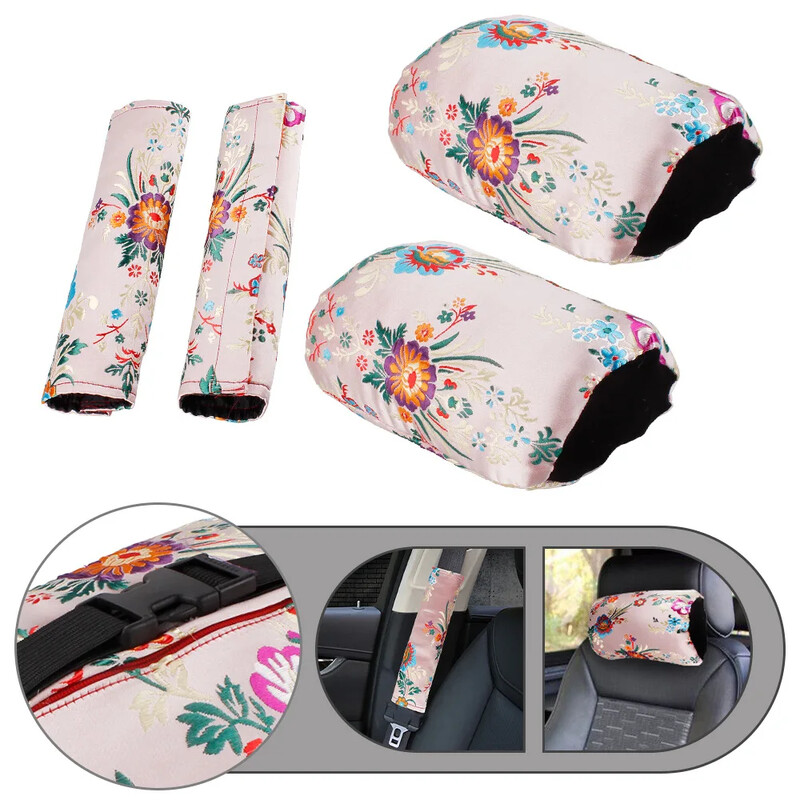 2 para starokineskog stila cvjetnog jastuka za naslon za glavu + komplet presvlaka za pojas automobila