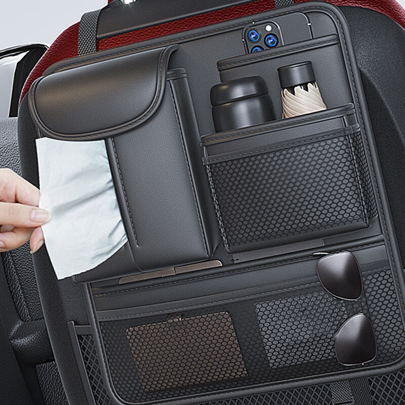 Geantă de depozitare pentru spate a scaunului auto Cutie de depozitare din piele multifuncțională Geantă de depozitare a mașinii cu cutii de șervețele Amenajare Aranjarea interiorului mașinii