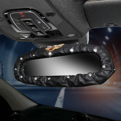 Kalnų krištolinis deimantinis automobilio galinio vaizdo veidrodžio dangtelis odinis „Crown Bee“ automatinis galinio vaizdo veidrodžio apdaila Automobilio interjero priedai