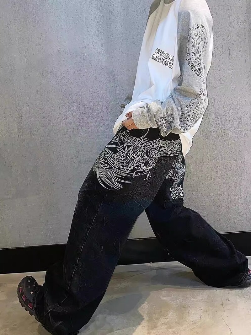 American Niche ležerne svestrane traperice zmajevog dizajna za žene isprane široke ravne duge hlače