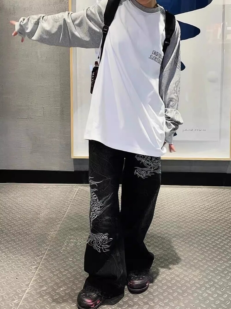 American Niche ležerne svestrane traperice zmajevog dizajna za žene isprane široke ravne duge hlače